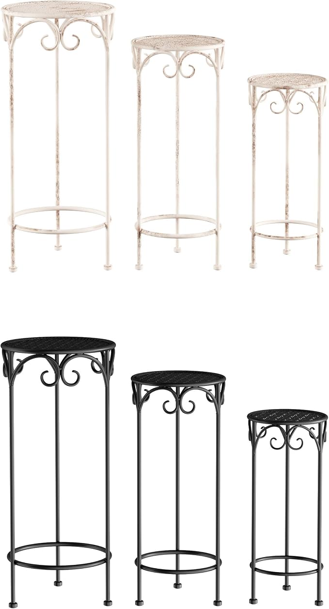 Pure Garden Plant Stand 3-Tier Vertical Shelf Indoor or Outdoor Folding Wrought Iron Home Garden Display with Laser Cut Shelves (Antique White)