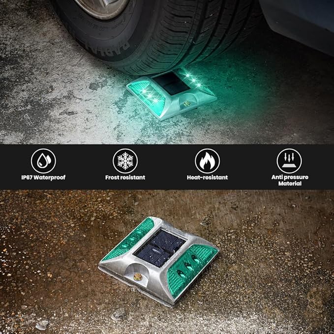 Solar Road Stud, 8PCS Green, LED, IP68 Waterproof, Automatic, Modern Style, 4.13"L x 4.13"W x 0.91"H, Solar Powered, 1.2V, 600mAh Battery