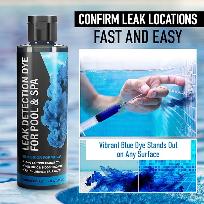 Pool Leak Detection Dye Kit - 75+ Tests - 2 Stainless Steel Precision Applicators - Superior Long Lasting Pool Dye Easily Locates Leaks - for All Pool, Spa, & Hot Tub Types - 8 OZ (Vibrant Blue)