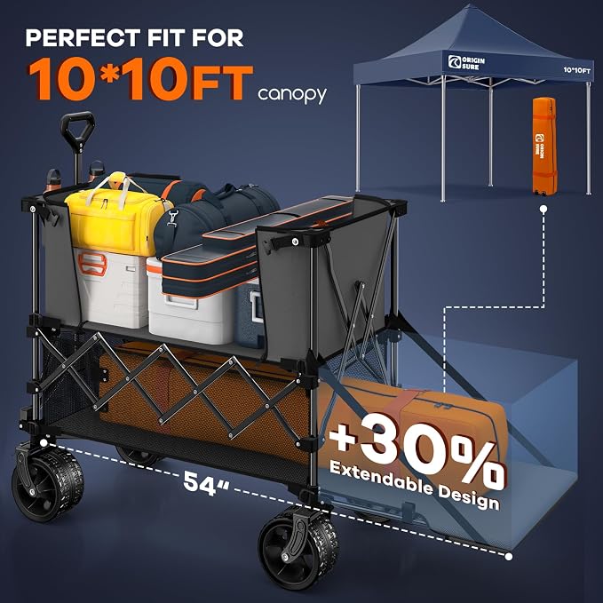 Originsure 400L Double Decker Wagon Collapsible with 54" L Tailgate, 560lbs Heavy Duty Carts Foldable, Extra Large Folding Beach Wagon with Big All-Terrain Wheels for Camping, Sports, Groceries, Grey