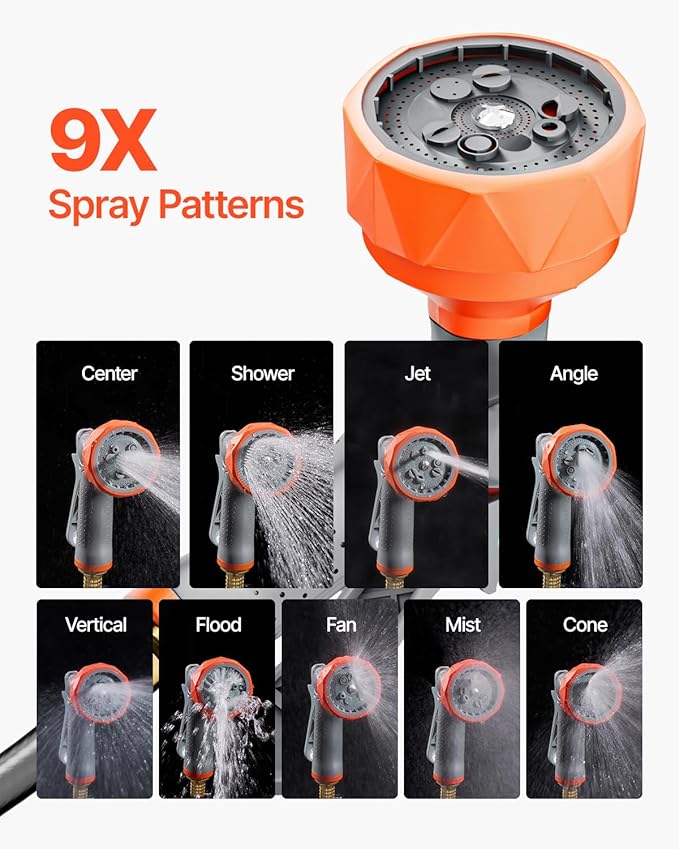 VEVOR Retractable Garden Hose Reel, 1/2 Inch x 65 ft Wall Mounted, Heavy Duty Garden Hose Reel with 9 Patterns Nozzle, Any Length Lock, Upgraded Slow Return System and 180°Swivel Bracket
