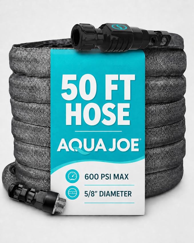 Aqua Joe FiberJacket Garden Hose, Lightweight and Kink-Resistant, Durable Fabric Hose with Metal Fittings, 600 PSI Max, 50' x 5/8" Diameter