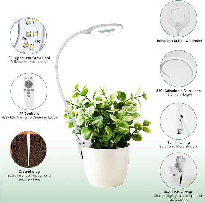 Full Spectrum Grow Lights for Indoor Plants, Clip-on LED Plant Lights for Indoor Growing with Auto On/Off Timing 4/8/12 Hrs, 10 Dimmable Levels, 3 Spectrum Modes & Adjustable Gooseneck, Remote Control
