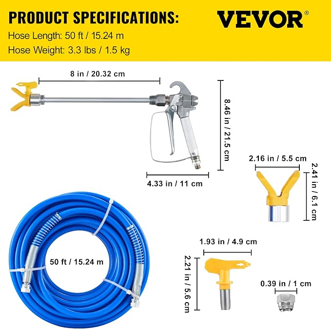 VEVOR Airless Paint Spray Hose Kit, 50ft, 3600 psi High Pressure Fiber Tube with 8 inch Extension Rod Pole, 517 Tip and Tip Guard, 1/4 inch Swivel Joint, for Homes, Buildings, Decks, or Fences