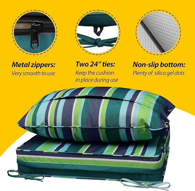 AAAAAcessories Outdoor Seat Cushions for Chairs, Fade-Resistant, Waterproof Patio Furniture Replacement Cushions, 22" x 22" x 3" + 22" x 17", Stormy Teal Coastal Stripe
