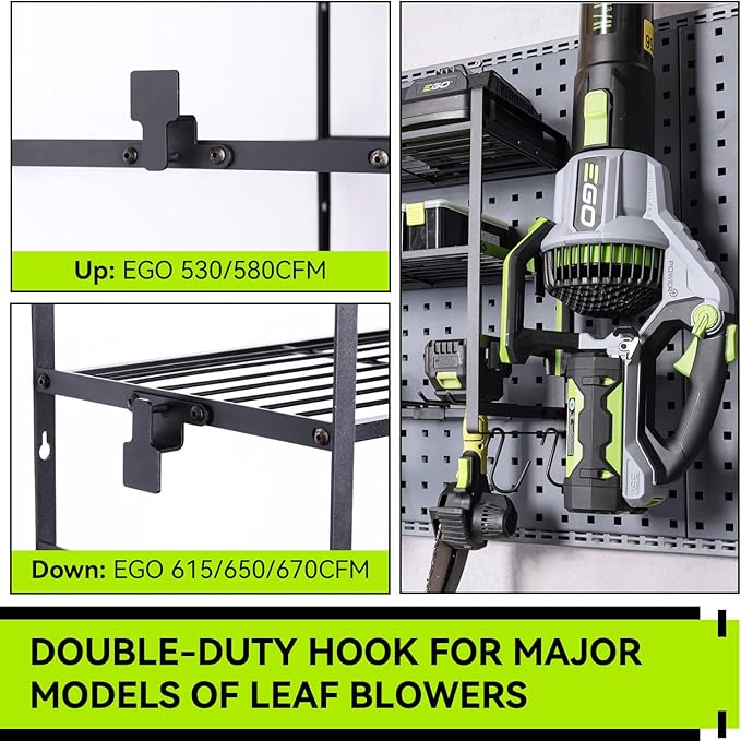KAFAHOM Leaf Blower and Weed Eater Rack, Lawn Power Tool Organizer Wall Mount, Lawn Tool Storage Rack for Leaf Blower, Weed Eater, Battery, Charger,3-Tier Black