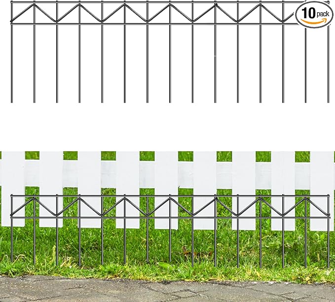 10 Pack 32" L x 10" H Animal Barrier Fence, No Dig Fence Patented Product, 5.5mm Galvanized Stakes with 2.1" Spacing, Anti Digging for Dogs Outdoor Yard Patio, Total 26.6Ft(L) X 10in(H) Black