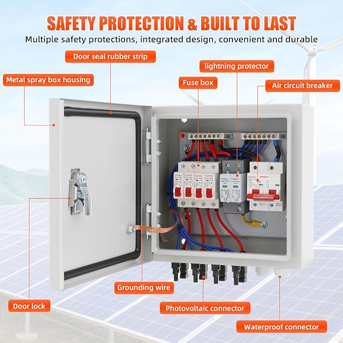 4 String Metal Solar Combiner Box, IP65 Waterproof PV Combiner Box with 20A Rated Current Fuse, 63A Air Circuit Breaker,Lightning Arrester for On/Off Grid Solar Panel System