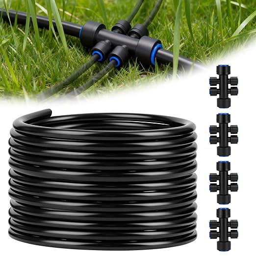 Snowtaros 50FT 1/2" Drip Irrigation Tubing with 4 Packs 4-Way Quick Coupler, Push-to-Connect Fittings for Garden Watering System, for Raised Beds, Garden, Greenhouse, Lawn