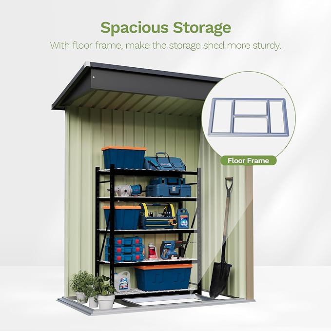 Patiowell 5x3 FT Outdoor Storage Shed with Floor Frame, Small Metal Garden Sheds with Sloping Roof and Lockable Door, Waterproof Patio Tool Shed for Backyard Garden Lawn, Brown