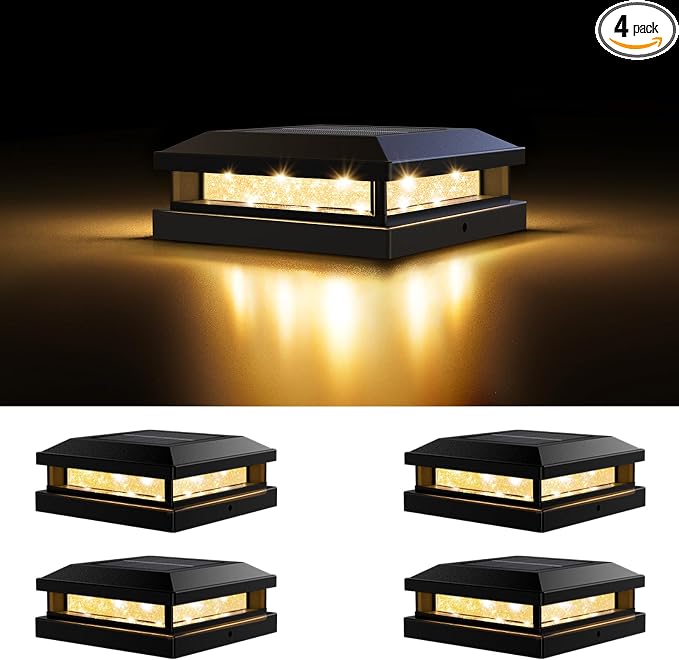 Brightever 4x4 Solar Light Outdoor 4 Packs, Waterproof Solar Powered Post Cap Light for 5x5 Vinyl/Wooden Post with Warm/Cool Lighting, Black 16LEDs Deck Cap Lights for Outside, Garden, Patio, Porch