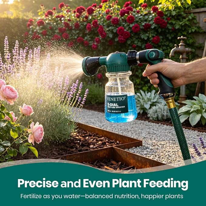 VENETIO 5-Dial Hose Attachment Spray Gun Pro with 6 Watering Patterns Nozzle and 30oz Refillable Bottle, Versatile Hose-End Garden Sprayer for Liquid Fertilizer, Weed Killer, Soap & Outdoor Cleaning