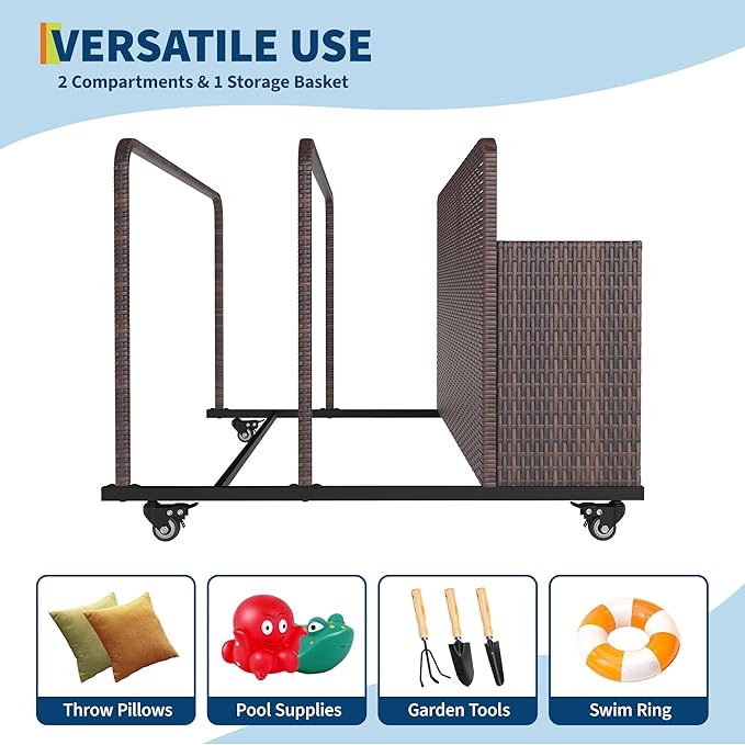 Pool Float Storage Organizer with Rolling Wheels, Outdoor Wicker Rattan Pool Caddy & Toy Storage Basket, All-Weather PE Rattan Holder for Pool Noodles, Life Vests, Beach Balls, Equipment, Patio Deck