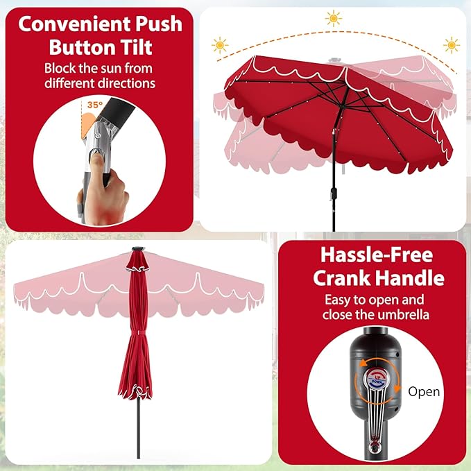 Tangkula 10FT Solar LED Patio Umbrella, 2-Tiers Scalloped Outdoor Table Market Umbrella with 24 LED Lights, Vented Top, Tilt Adjustment, Crank, 8 Ribs for Backyard Poolside Deck Beach Lawn (Red)