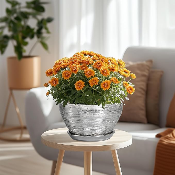 Ceramicfor Pot for Plants 9 Inch - Ceramic Plant Pot Indoor with Drainage Hole and Saucer Round Planter for Indoor Plants Modern Decorative Flower Pot for Home Decor Silver