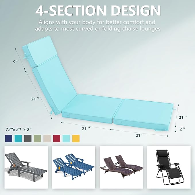 72 x 21 Inch Outdoor Chaise Lounge Cushions Set of 2 - Removable Cover, 4-Section Design, Water-Repellent & Fade-Resistant, 6 Tie Straps, Replacement for Patio & Pool Chairs - Light Blue