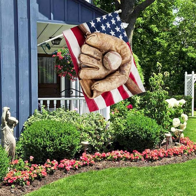 AOYEGO Baseball House Flags 28 x 40 Double Sided Burlap Bat and Glove on an American Flag Yard Flags Spring Summer Farmhouse Seasonal Outdoor Flag