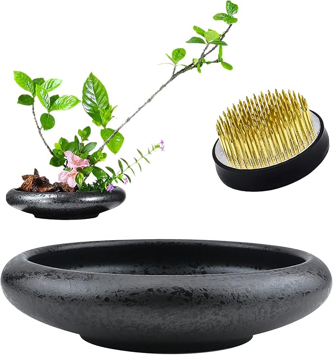 Flower Arrangement Supplies, Deep Round Ceramic Ikebana Flower Vase with 5cm Kenzan Flower Frog for Floral Arrangement Home Decoration, Black Spotted