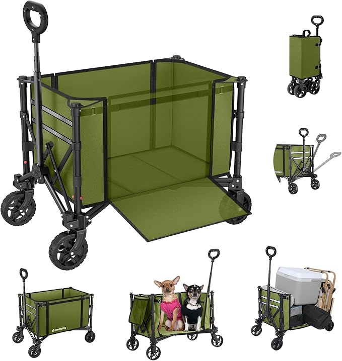 Raynesys Collapsible Wagon Cart with Wheels 220lbs Foldable Wagon 120L Shopping Cart for Groceries Folding Utility Wagon for Beach, Garden, Camping, Sport, Wheelbarrows, Green