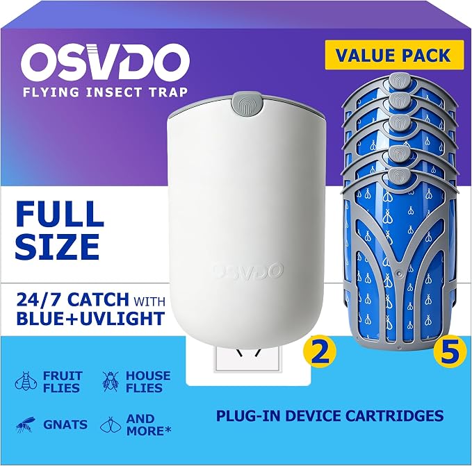 Flying Insect Trap, Fruit Fly Traps for Indoors (2 Devices & 5 Cartridges), Plug-in Fly Trap Indoor Bug Catcher for Gnats, House Flies and Moths, Blue UV Light, Mess-Free Adhesive Cartridge