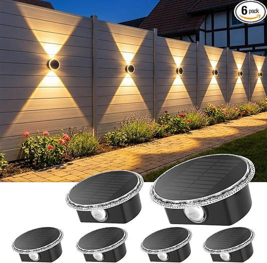 Ellasay Solar Fence Lights Outdoor: 360° Circular Lighting Solar Powered Wall Lights 12 Hours Long Runtime Up and Down Waterproof IP65 & 3 Modes High Brightness LED Focus Lens for Fence/Yard - 6 Pack