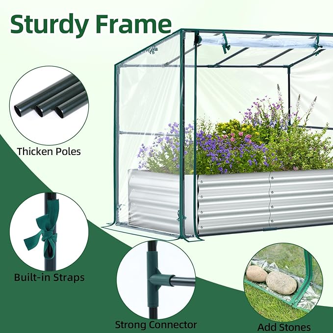 Ohuhu Raised Garden Bed with Cover Outdoor, 4x2x1 FT Galvanized Metal Planter Box with PVC Greenhouse Cover, Protects Plants from Frost Birds Insects, 3-in-1 Gardening Set for Vegetable Flower Herb