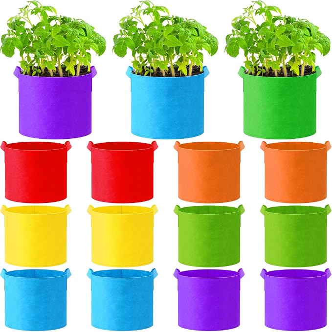 Ziliny 12 Pcs Multicolor Plant Grow Bags Large Grow Bags Fabric Planter Thickened Non Woven Fabric Pots with Handles for Indoor Outdoor Garden Planting Seeds Flower, 6 Colors (5 Gallon)