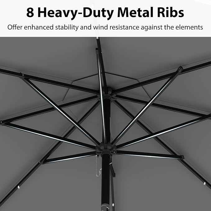 Tangkula 10FT Solar LED Patio Umbrella, 2-Tiers Scalloped Outdoor Table Market Umbrella with 24 LED Lights, Vented Top, Tilt Adjustment, Crank, 8 Ribs for Backyard Poolside Deck Beach Lawn (Gray)