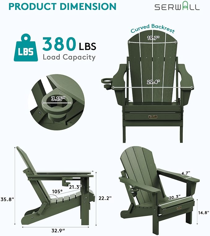 SERWALL Adirondack Chair Set of 4, Weather Resistant HIPS Patio Chairs with Cup Holder for Patio Garden Outdoors Fire Pit- Army