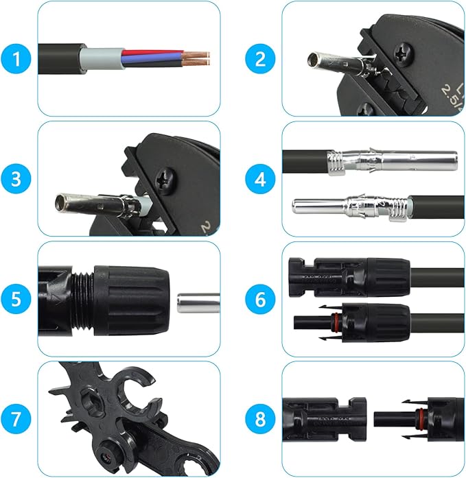 Heavy Duty Solar Cable Crimping Tool Kit, 6 Pairs Solar Panel Connectors, 1Pcs Solar Cable Crimper,1Pcs straight and Cross Spanner Wrenches, Solar Wire Crimping Tool for PV Cable Installation, Black