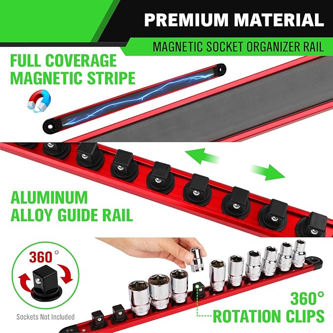 1/2-Inch Magnetic Socket Organizer Rail, Aluminum Alloy Socket Rail, Heavy Duty Sockets Holder with 12 Clips, 360° Swivel Clip Tool Tray, Sockets Organizer for Tool Box Drawer (Red)