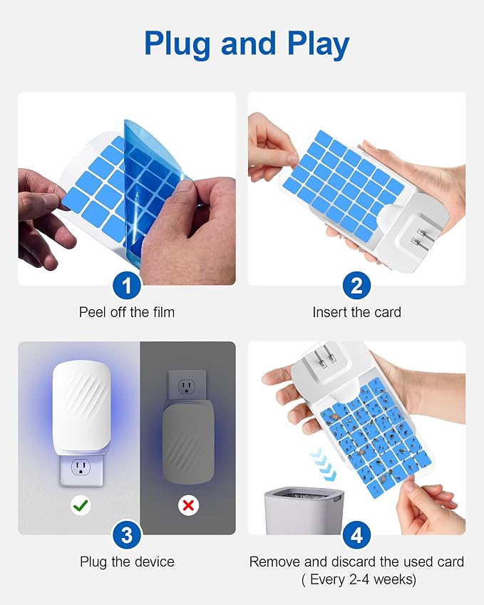 Plug-in Flying Insect Trap for Indoors, Fly Trap for Fruit Flies, Gnats & House Flies, UV Light Indoor Bug Catcher for Home, Kitchen, Silent & Mess-Free Alternative to Bug Zapper, 1 Device 2 Refills