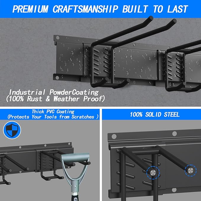 CBWLWJ Garage Tool Organizer Wall Mount, 48 inch Garage Wall Organizer, 400lbs Sturdy Garden Tool Organizer with 7 Adjustable Hooks, for Yard, Shed, Basement, Workshop(Black)