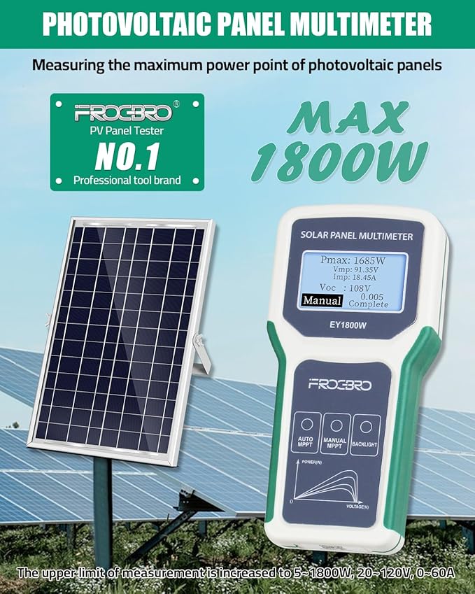 FrogBro 1800W Solar Panel Tester Photovoltaic Multimeter, Troubleshooting Tool with Smart MPPT Display, Upgraded Measuring Range (5~1800W, 20~120V, 0~60A) for Solar PV Panel Testing and Data Analysis