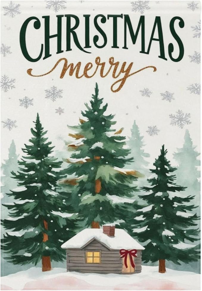 Christmas Tree Snowflake House Flag 28x40 Inch Double Sided Outside Winter Cabin Snow Scene Xmas Seasonal Yard Outdoor Flag Banner for Garden Lawn Patio Holiday Decorations