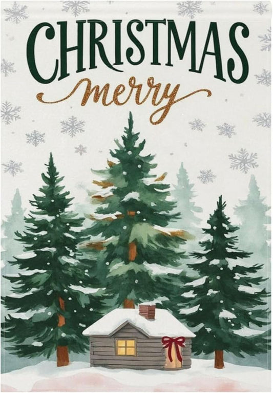Christmas Tree Snowflake House Flag 28x40 Inch Double Sided Outside Winter Cabin Snow Scene Xmas Seasonal Yard Outdoor Flag Banner for Garden Lawn Patio Holiday Decorations