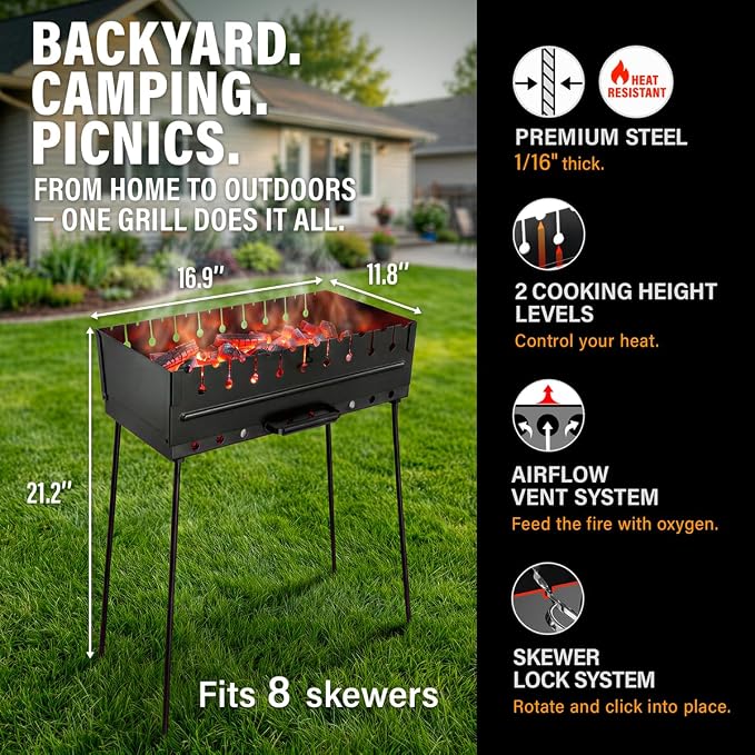 MHH Charcoal Grill for 8 Skewers - Portable Barbecue 16.9""×11.8""×16.9"" Kabob Camp Grills - Foldable Metal Mangal - Kebab Shish - BBQ for EDC Picnic Outdoor Cooking Camping Hiking
