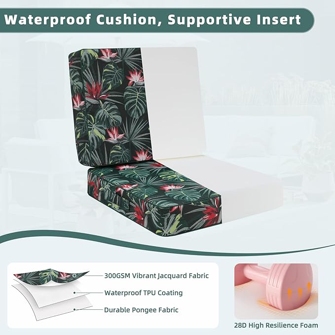 Favoyard Deep Seat Patio Cushion 24 x 24 x 4 in Waterproof Seat & Back Cushion Set with Color Fade Resisitant Pattern, Portable Handle, Attach Straps, Zipper on Removable Cover for Outdoor Furniture