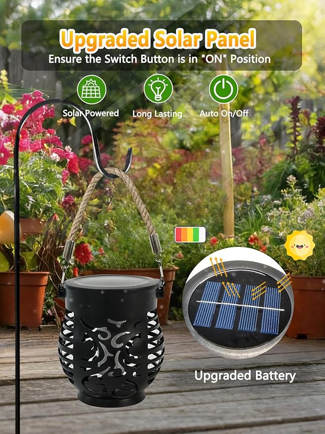 6 Pack Solar Lights Outdoor Waterproof, Solar Lantern with Realistic Flickering Flame, Auto On/Off Solar Powered Garden Light with Hemp Rope Handle for Outside Tree Patio Porch Camp Tabletop Decor