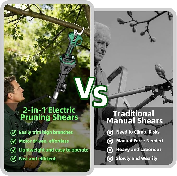 2.5" Cutting Diameter, 15FT Reach, 2-in-1 Pole Electric Pruning Shears - Brushless Motor, 21V Dual 4.0Ah Batteries, Extra SK7 Blade, Stainless Steel Pole, 2 Modes Adjustable for Tree & Flower