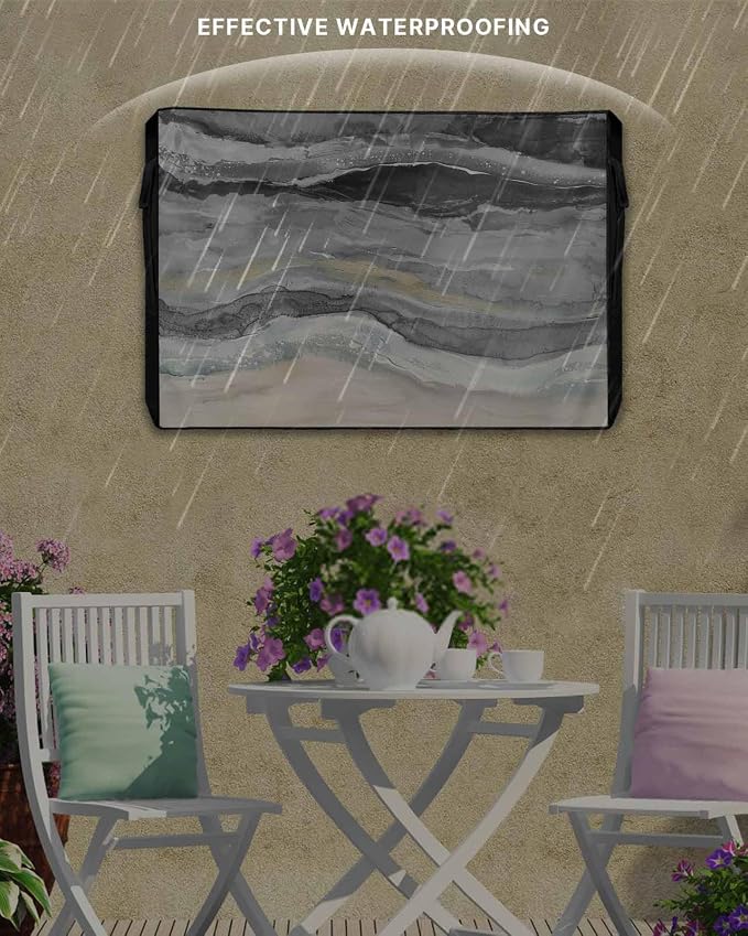 Outdoor TV Cover 70-75 Inch Weatherproof, Grey Coastal Outdoor TV Enclosure with Zipper & Roll Up Front Flap, Summer Beach Nautical Abstract Art Waterproof TV Covers for Outside Flat Screen TV
