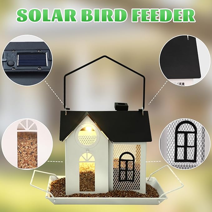Solar Bird Feeder for Outdoors – White Metal Hanging Bird Feeder with Solar Light, Decorative Bird House Feeder for Cardinals, Finches, and Wild Birds, Weatherproof Backyard Garden Decor