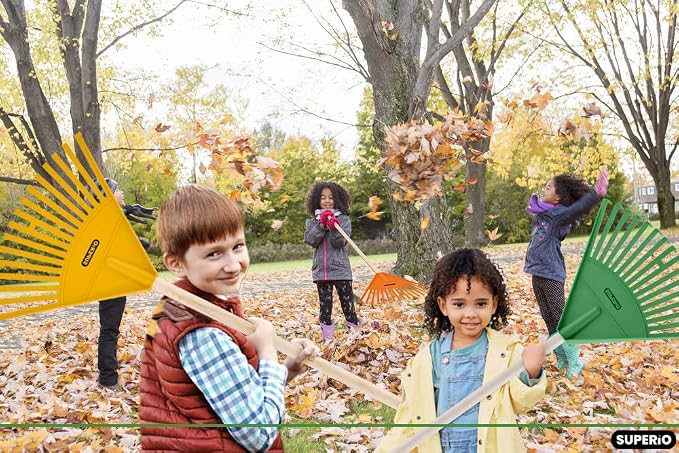 Superio Kids & Adult Rakes with Hardwood Handle, Durable Plastic Head to Sweep Leaves in Lawn and Tidying Up The Garden, Kid Size 34" Adult Size 61"