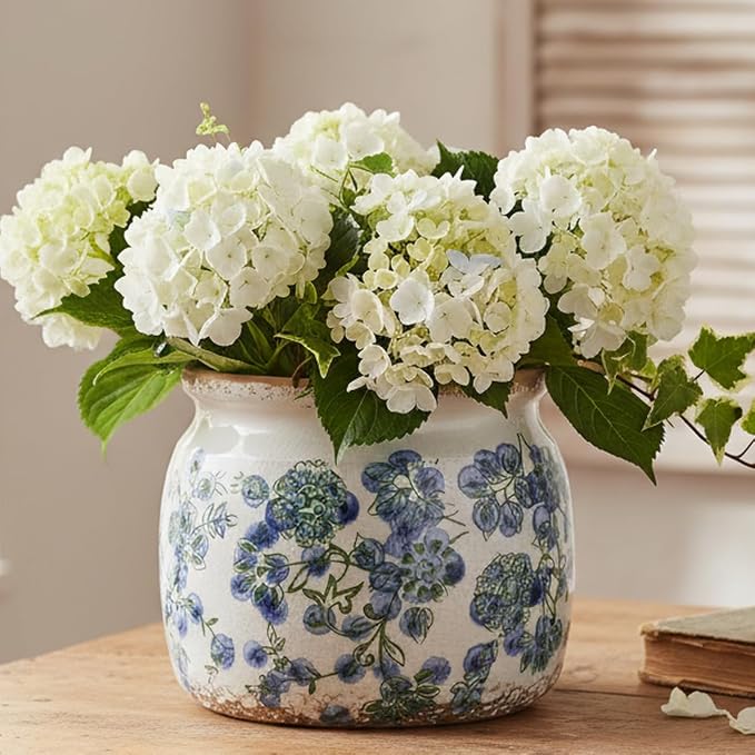 Ceramic Planters Spring Decor, 6.29in Country Cottage Plant Pots with Drainage Hole for Indoor Plants & Succulent, Vintage Crackle Glaze Finish Flower Vase, Home Decor Gifts, Deep Blue Floral