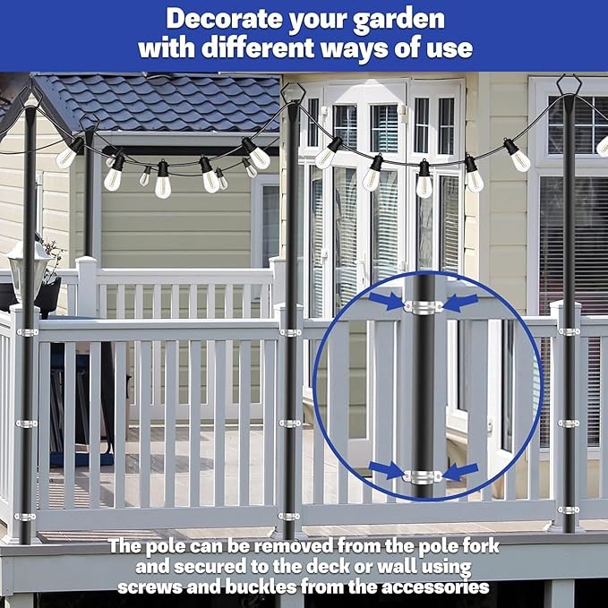 10 Pack 10 ft Heavy Duty Metal String Light Poles Adjustable Outdoor Lighting Stand for Patio,Backyard,Garden,Party & Wedding Rustproof & Sturdy with Hooks