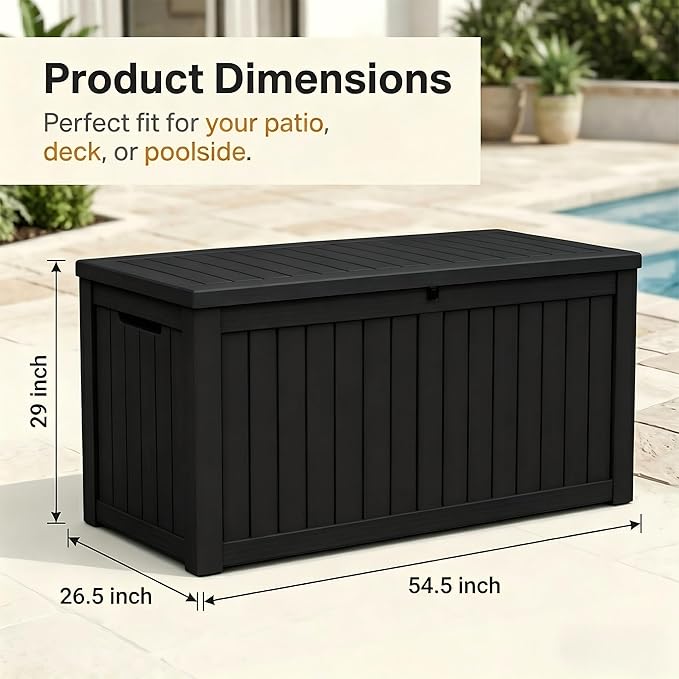 151 Gallon Resin Deck Box with Lockable Lid – Heavy-Duty Outdoor Storage for Patio Furniture, Garden Tools, Pool Accessories, BBQ Supplies – All-Weather Wood Grain Design