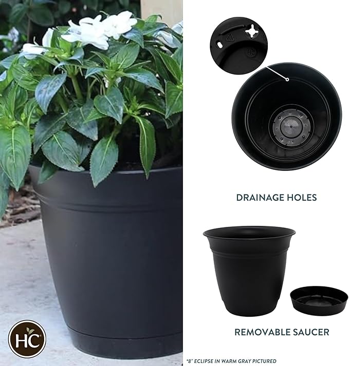 The HC Companies Eclipse Round Planter with Saucer - Outdoor & Indoor Plant Pot with Drainage Holes - Lightweight, UV-Resistant Plastic Pots for Plants, Flowers & Herbs (16" Black, Pack of 1)