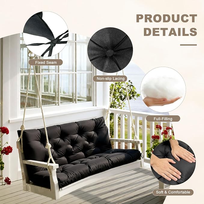 Porch Swing Cushion with Backrest,Waterproof Bench Cushion for Outdoor Furniture,2-3 Seater Replacement Thickened Swing Cushion with Ties,Patio,Outdoor,Backyard and Garden (Black,47x40)