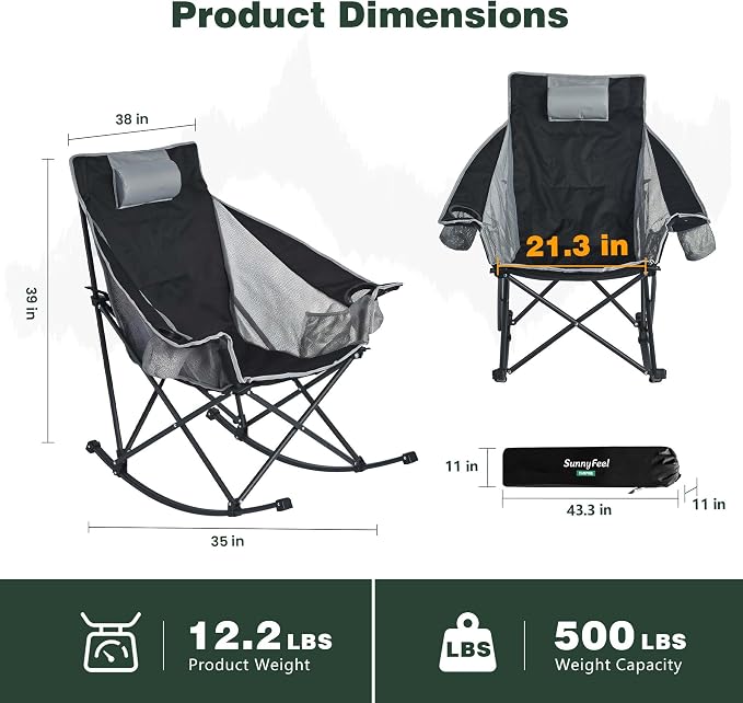 SUNNYFEEL Oversized Rocking Camping Chair, Fully Padded Patio Chair with Side Pocket, High Back Portable Lawn Recliner with Headrest, Outdoor Camp Rocker Chairs for Adults Heavy Duty 500 LBS Carry Bag