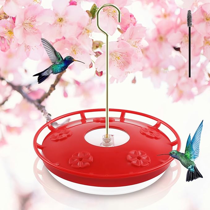 FEED GARDEN 16oz Hummingbird Feeder for Outdoors - Leak-Proof Disc Design with Built-in Ant Moat, 5 Feeding Ports, Wide Mouth Easy Clean & Refill, Red Hanging Feeder for Garden